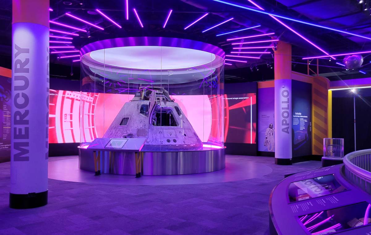 The glowing Apollo space craft exhibit at Henry Crown Space Center at Griffin MSI