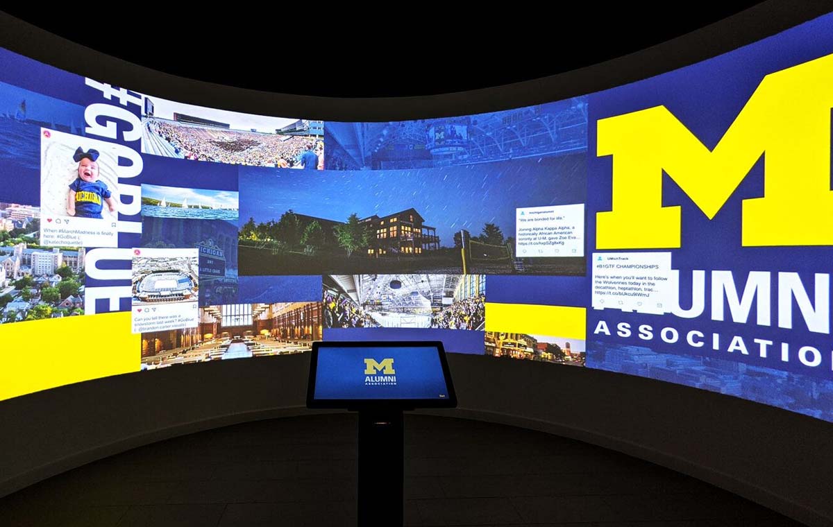 an LED video wall delights visitors at the U Michigan Alumni Center